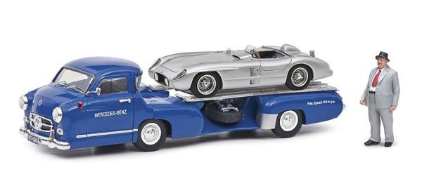 SCH03768 - MERCEDES porte voiture bleu avec MERCEDES 300 SLR grise avce figurine - 1