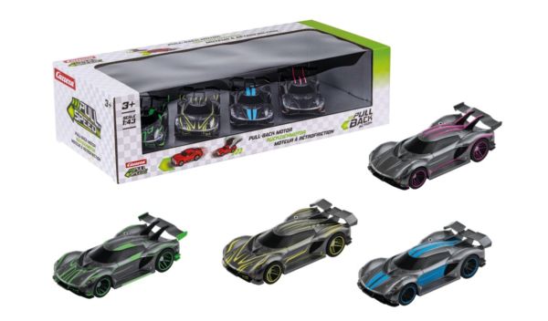 CARRERA15813029 - Pack de 4 Hypercar à friction - grise - verte - jaune - bleu - rose - 1