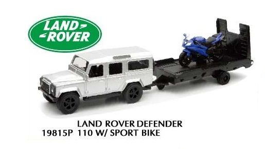 NEW19815F - LAND ROVER Defender 110 avec plateau et moto bleue - 1