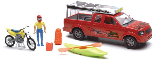 NEW37385B - Coffret avec un Pick-up rouge, un personnage , un kayak et accessoires Ech:1/18 - 1