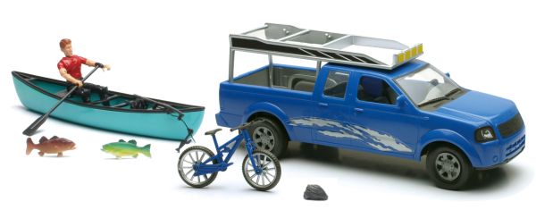 NEW37385C - Coffret avec un Pick-up bleu , un personnage , une barque et accessoires Ech:1/18 - 1