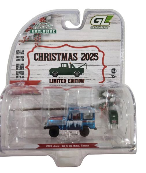 GREEN30564-D-CHROME - JEEP DJ-5 1974 bleu chromé US Mail avec boîte aux lettres de la série CHRISTMAS COLLECTION 2025 sous blister - 1