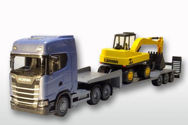 Miniature SCANIA CR20H 6x4 rouge avec grue de chargement et remorque
