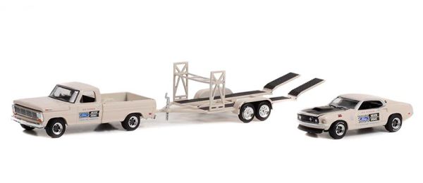 GREEN31140-B - FORD F-100 1969 avec remorque porte voiture et FORD Mustang boss 429 de la série RACING HITCH & TOW sous blister - 1