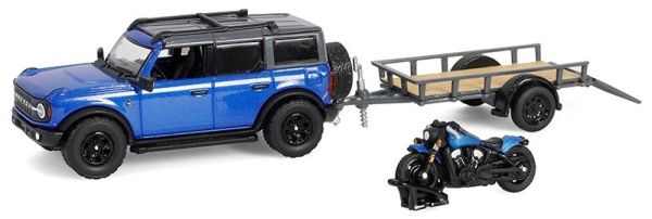 GREEN32320-C - FORD Bronco avec remorque et accessoires 2021 noir et bleue de la série HITCH & TOW sous blister - 1