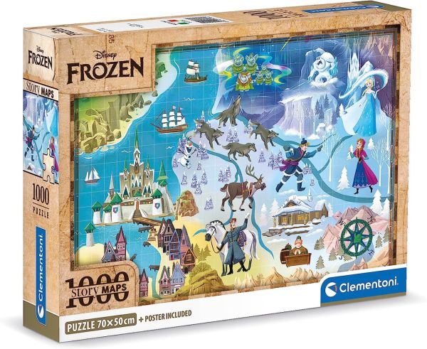 CLE39784 - Puzzle 1000 pièces Disney Maps La Reine des Neiges avec poster - 1