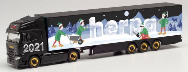 HER314176 - IVECO S-Way 4x2 avec remorque fourgon 3 Essieux Noël HERPA 2021 - 1