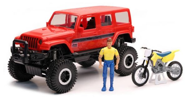 NEW37446R - JEEP Wrangler Sahara rouge avec personnage et moto cross - 1