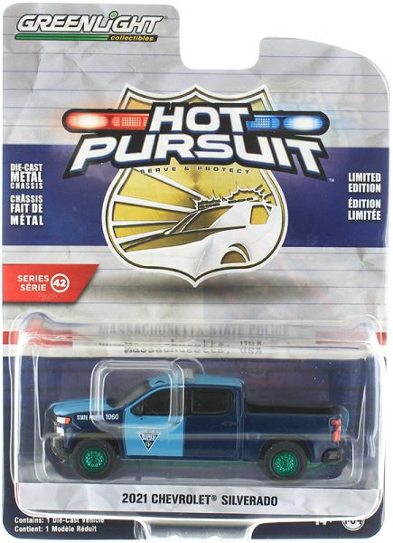 GREEN43000-EVERT - CHEVROLET Silverado avec jantes vertes 2021 Massachusetts State Police de la série HOT PURSUIT sous blister - 1