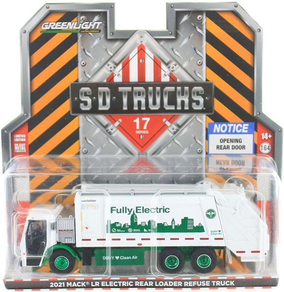 GREEN45170-CVERT - MACK LR Electric camion poubelle de New York 2021 jantes vertes de la série SD TRUCKS sous blister - 1