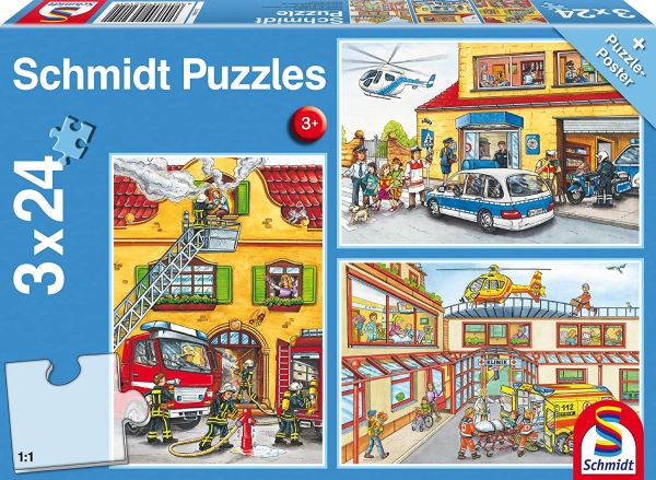 SCM56215 - 3 Puzzles 24 Pièces pompiers et Policier avec poster - 1