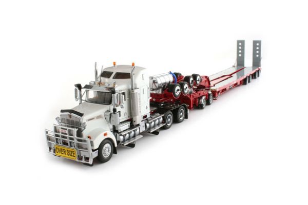 TWH9001 - DRAKE KENWORTH T908 6x4 Blanc Avec DOLLY 4x8 et porte engins Rouge 4 Essieux. - 1
