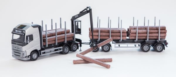 EMEK71301 - VOLVO FH16 6x4 gris porteur avec remorque 2+2 Essieux et grue de déchargement  transport de bois - 1