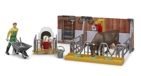 BRU62611 - Coffret d'Étable avec vache et veau avec agriculteur - 1