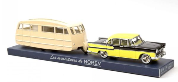 NOREVCL5711 - SIMCA Vedette Chambord 1958 jaune paille et noir et caravane Hénon - 1