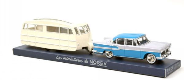 NOREVCL5712 - SIMCA Vedette Chambord 1958 bleu léman et gris et caravane Hénon - 1