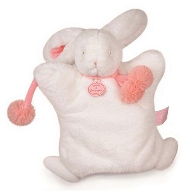 DC2742BC - Marionnette Lapin Pompon Blanc et Corail 25 cm - 1