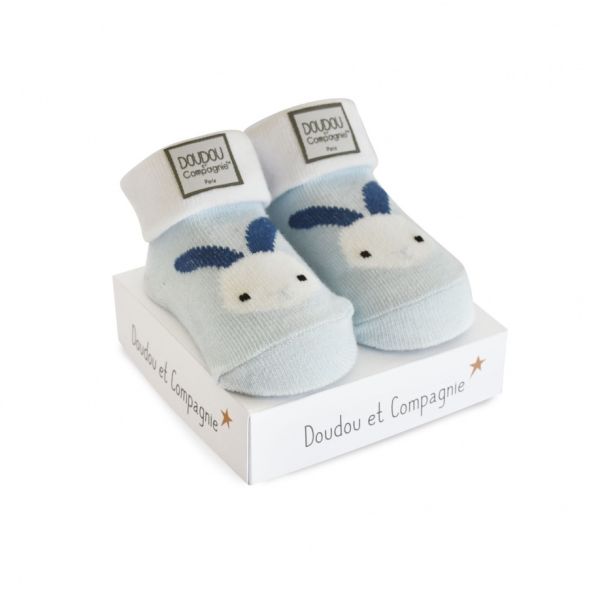 DC3703-03 - Chaussette de naissance - Bleu et blanche avec lapin - 1