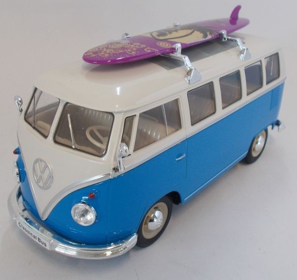 WEL22095SB-W - VOLKSWAGEN T1 bus 1963 bleu et blanc avec planche de surf - 1