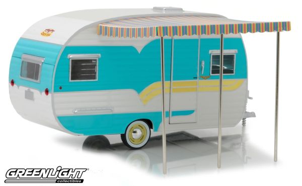 GREEN18450 - Caravane CATOLAC DEVILLE 1 essieu blanche et bleue avec haut vent - 1