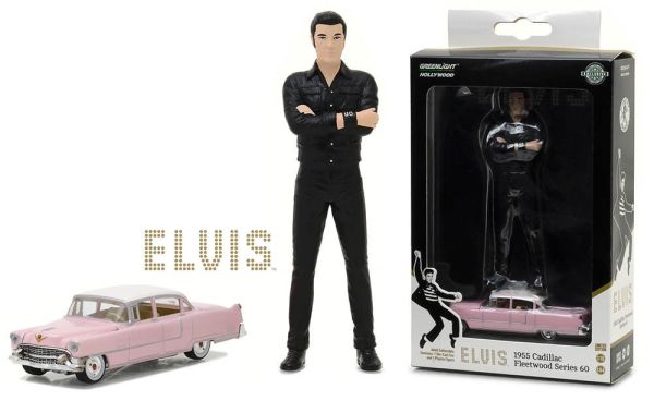 GREEN29898 - CADILLAC Fleetwood 1955 Series 60 rose d'Elvis Presley ech 1/64 avec la figurine d'Elvis ech 1/18 hauteur personnage 11 cm - 1