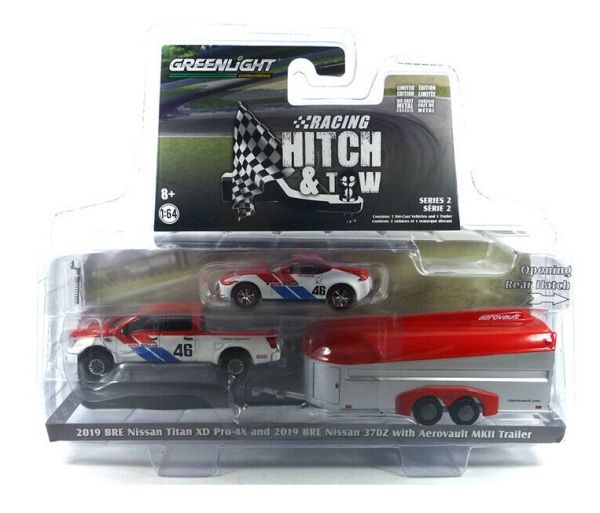 GREEN31090-C - NISSAN Titan XD Pro-4X #46 2019 avec remorque porte voiture et NISSAN 370Z #46 vendues sous blister - 1