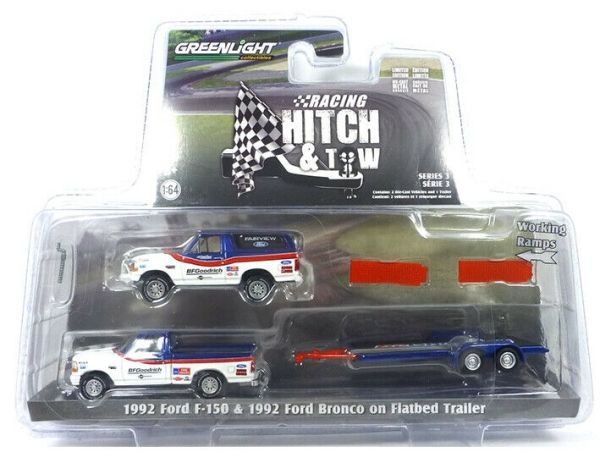 GREEN31110-A - FORD F-150 pick-up 1992 BF GOODRICH avec plateau porte voiture et FORD Bronco 1992 Série Racing Hitch vendu sous blister - 1