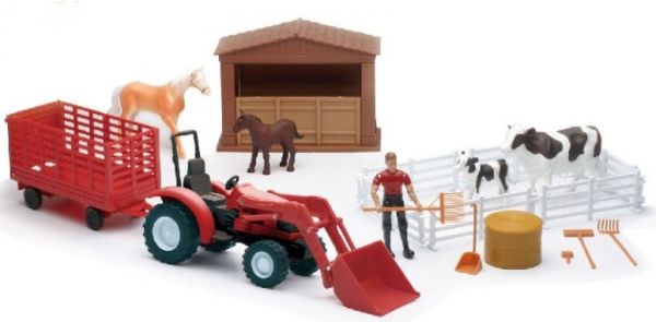 NEW04065A - Coffret de la ferme tracteur rouge remorque personnage et animaux bâtiment - 1