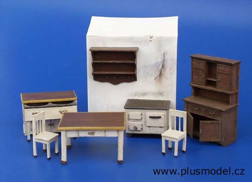 PLS109 - Mobilier de cuisine ancien miniature à assembler et à peindre avec table chaisse buffet armoire et four à bois - 1