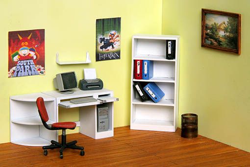 PLS224 - Mobilier de bureau contemporain miniature avec meubles classeurs pc chaisse à assembler et à peindre tableau et affiches non fournies - 1