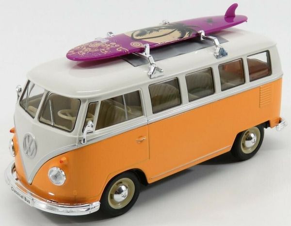 WEL22095SB-WB - VOLKSWAGEN T1 bus 1963 jaune et blanc avec planche de surf - 1