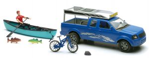 NEW37385C - Coffret avec un Pick-up bleu , un personnage , une barque et accessoires Ech:1/18