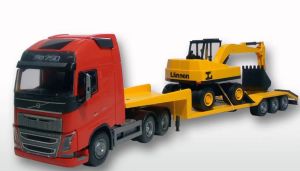 EMEK33755 - VOLVO FH16 6x4 rouge avec porte-engin 3 essieux et pelleteuse LANNEN