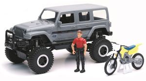 NEW37446G - JEEP Wrangler Sahara grise avec personnage et moto cross