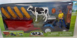 NEW05015 - Coffret de la ferme avec vache fermier tracteur bleu et mélangeuse