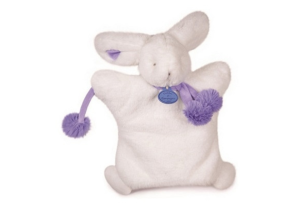 DC2742BVIO - Marionnette Lapin Pompon Blanc et Violet 25 cm