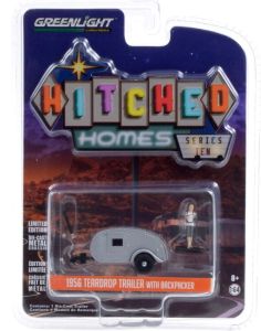 Caravane TEARDROP 1 essieu 1956 grise avec figurine série Hitched Homes vendue sous blister