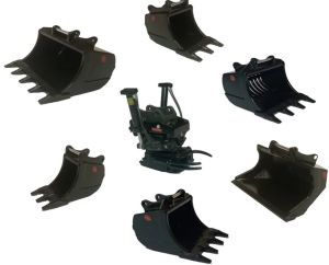 GF108-SET2 - Ensemble OILQUICK Tiltrotateur OQTR-33 avec grappin et différents godets pour pelle de 24 à 33 Tonnes