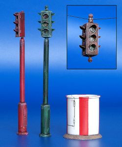 PLS193 - 3 feux de circulation routière hauteur 8cm et 1 guérite pour agent diamètre 2,5 cm miniature à assembler et à peindre