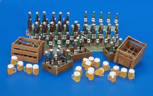 Caisses à bières avec bouteilles et chopes miniatures à peindre décalcomanies fournies