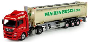 MAN TGX XLX 4x2 avec semi porte conteneur 3 essieux et silo conteneur transport Van den Bosch