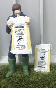 Fermier vidant un sac de nourriture pour volailles