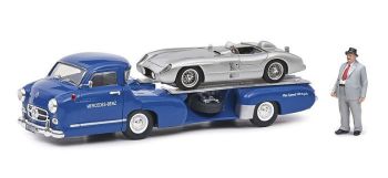 SCH03768 - MERCEDES porte voiture bleu avec MERCEDES 300 SLR grise avce figurine