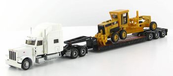 NOR55414 - PETERBILT 389 Blanc Avec porte Engins 3 Essieux et niveleuse 163H CATERPILLAR Ech:1/87
