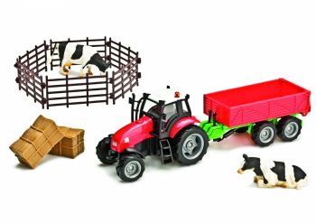 FGK510727A - Tracteur Rouge avec Remorque , 2 Vaches et accessoires