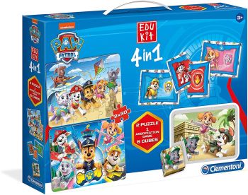 CLE18097 - EDUKIT – 4 en 1 domino mémo Puzzle 30 Pièces et 6 cubes La PAT'PATROUILLE