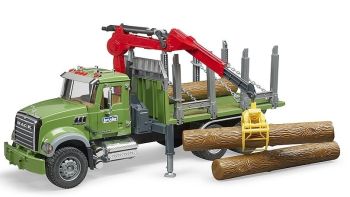 Camion de transport de bois MACK Granite avec grue et rondins de bois