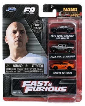 JAD32481 - 3 Véhicules Nano - DODGE Charger SRT Hellcat 2020 Noir - JEEP Gladiator 2020 gris - TOYOTA GR Supra orange - FAST and FURIOUS