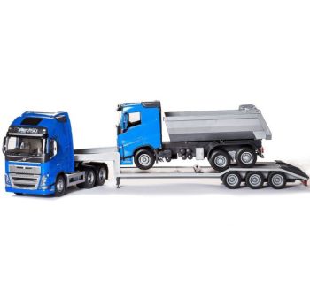 EMEK33714 - VOLVO FH16 6x4 bleu avec porte-engin 3 essieux et camion benne 6x4