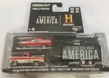 GREEN31120-C - FORD Mustang 1965 et FORD F-100 avec remorque 2 Essieux du film The Cars That Made America sous Blister